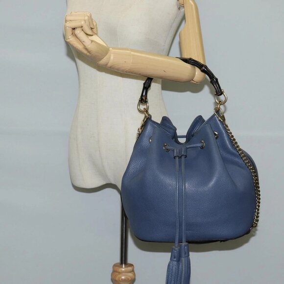 GUCCI Bamboo Hand Bag Leather 2way Blue Gold - Picture 14 of 16